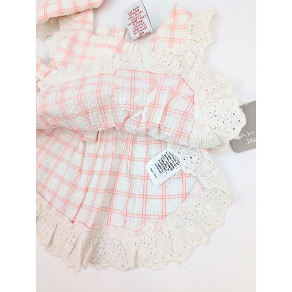 Tahati Baby Dress and Hat Set Girl 3-6 Months Pink Plaid Eyelet Ruffled Cottage - Picture 11 of 12